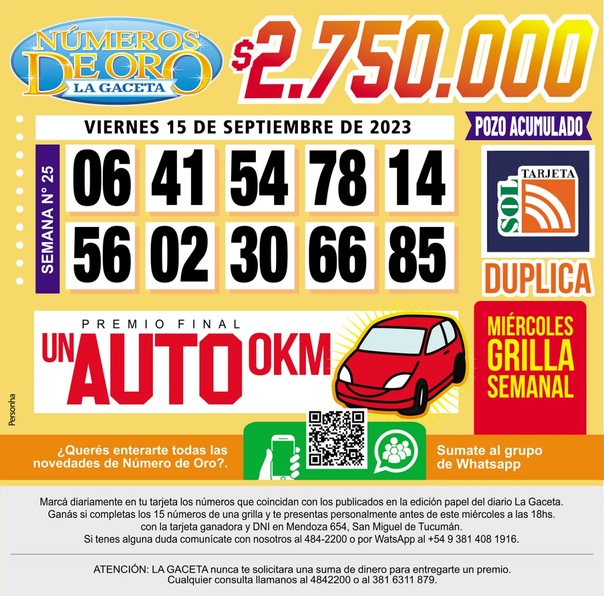 Los Números de Oro de LA GACETA del 15 de septiembre de 2023