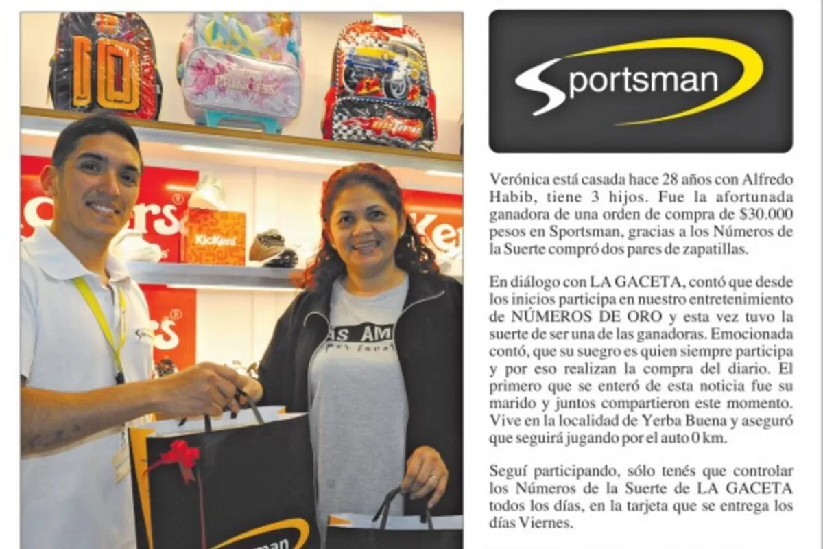 Números de la Suerte: Verónica del Carmen Teves ganó una orden de compra de $30.000 en Sportsman
