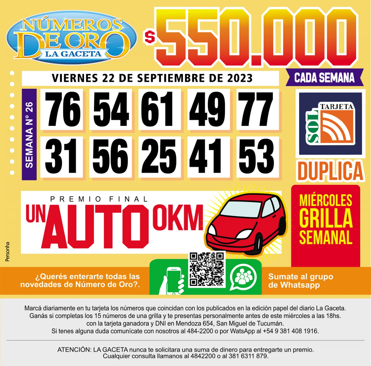 Los Números de Oro de LA GACETA del 22 de septiembre de 2023