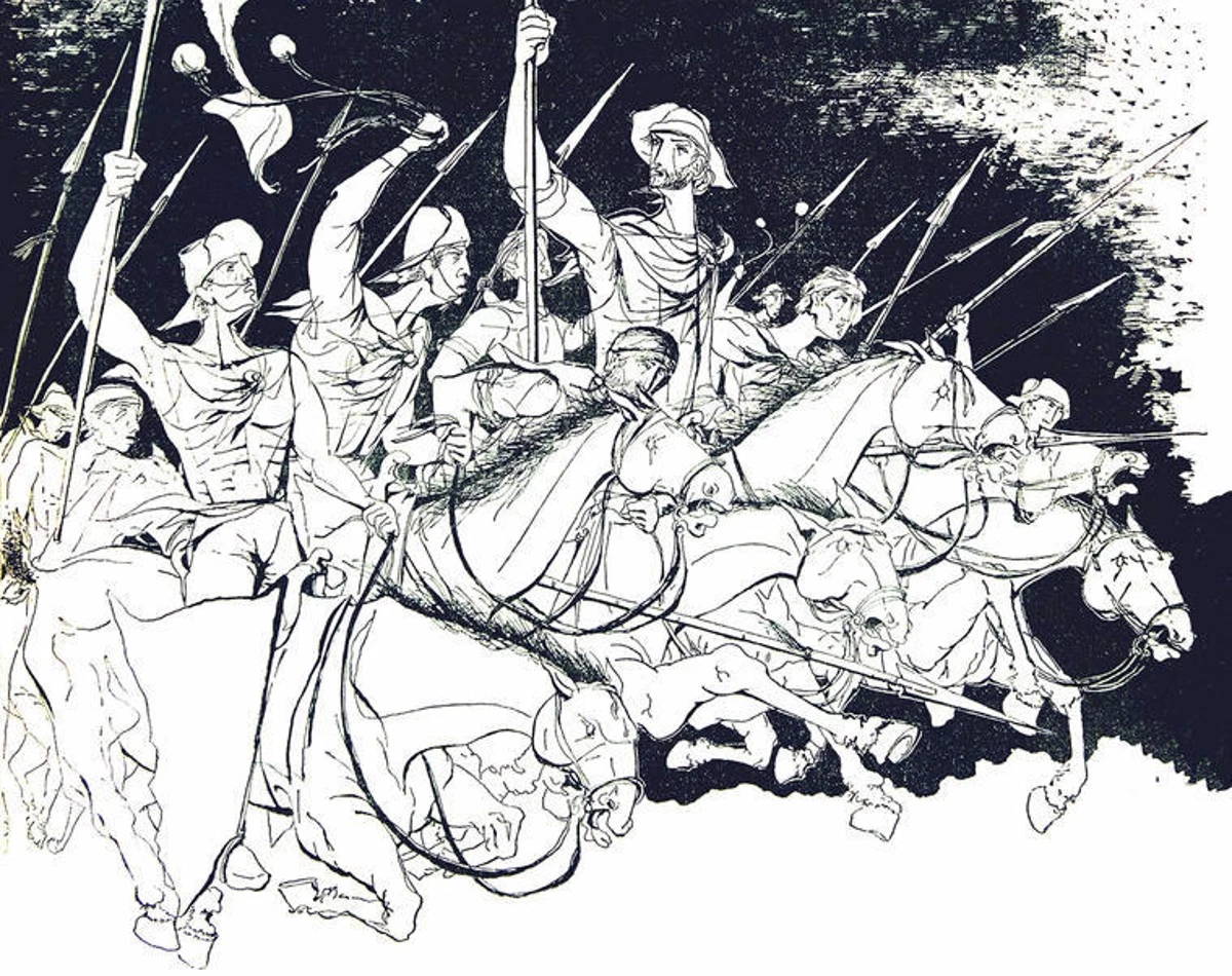 FORMADOS Y AL ATAQUE. En su dibujo, Juan Lanosa recrea la Batalla de Tucumán, hecho glorioso de la independencia.