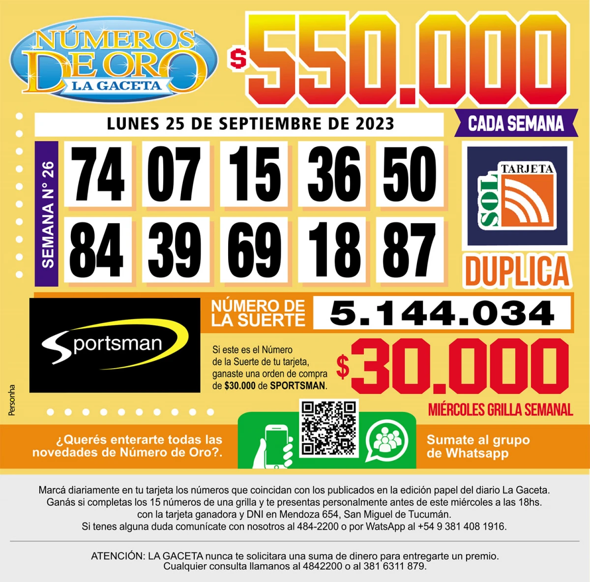 Los Números de Oro de LA GACETA del 25 de septiembre de 2023