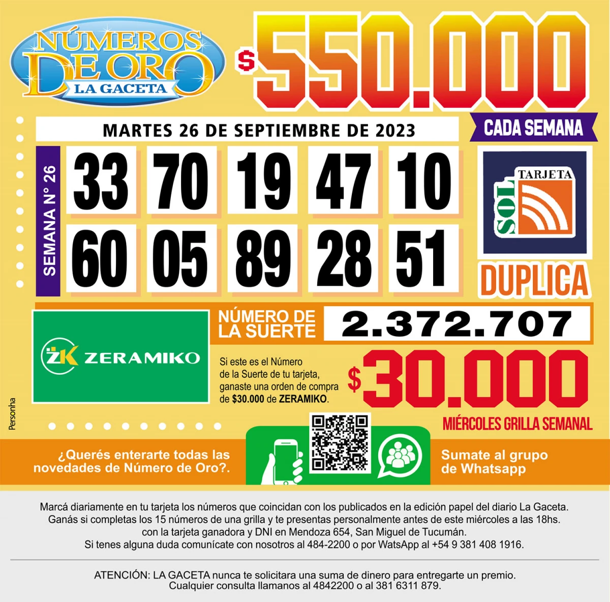 Los Números de Oro de LA GACETA del 26 de septiembre de 2023