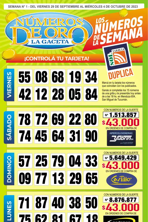 Esta es la grilla completa de los Números de Oro de LA GACETA del 4 de octubre de 2023