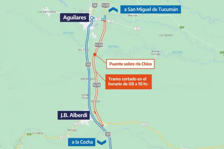 Corte en la ruta 38: por obras de mantenimiento se desvía el tránsito entre Aguilares y Alberdi