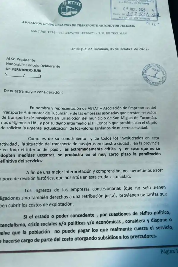 Aetat pide que en Tucumán el boleto de colectivo pase a costar $504