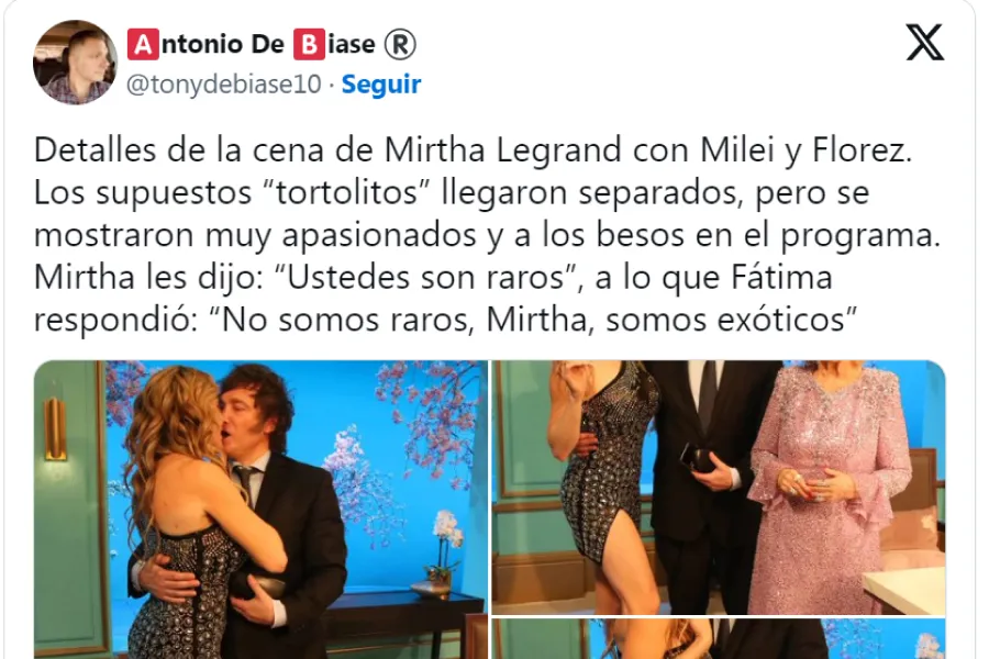Las apasionadas fotos de Javier Milei y Fátima Florez durante la cena con Mirtha Legrand