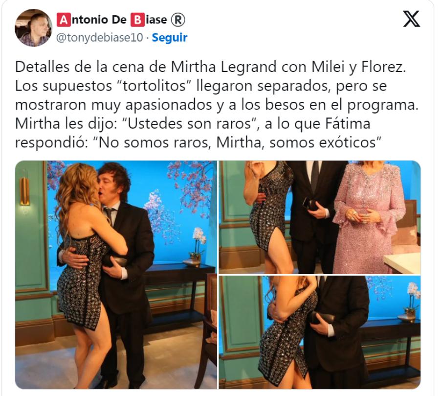 Las apasionadas fotos de Javier Milei y Fátima Florez durante la cena con Mirtha Legrand