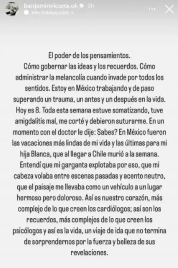 El posteo de Benjamín Vicuña en Instagram.