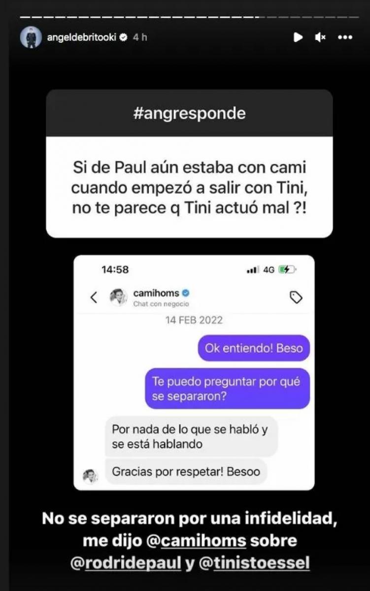 Ángel De Brito reveló el chat personal de Camila Homs hablando de De Paul y Tini Stoessel