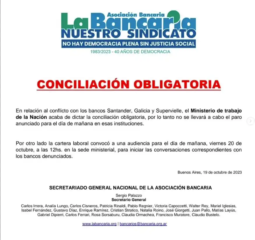 No habrá paro bancario: el Gobierno dictó conciliación obligatoria