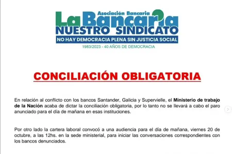 No habrá paro bancario: el Gobierno dictó conciliación obligatoria