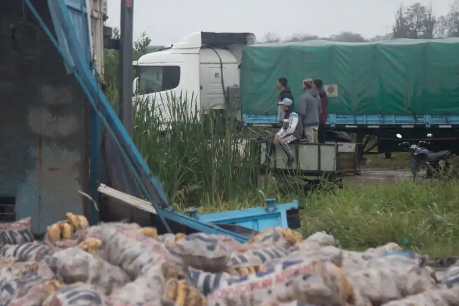 Tensión: vecinos lograron llevarse las papas tras un choque de un camión con un taxi
