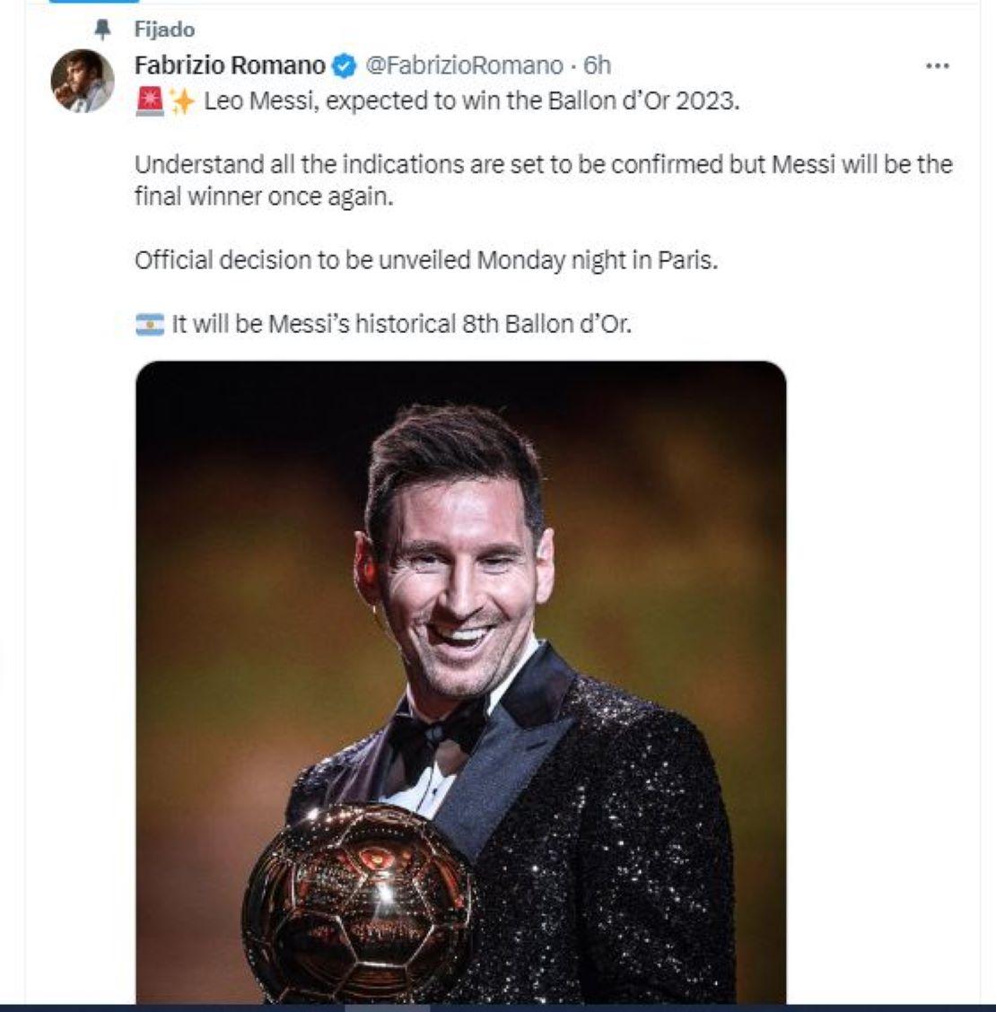 Un reconocido periodista italiano asegura que Messi ganará el Balón de Oro