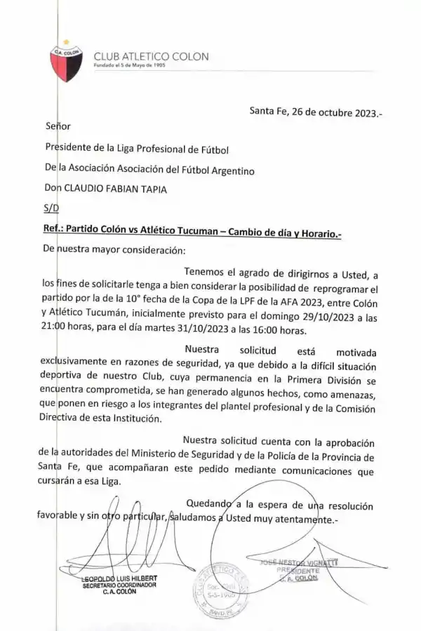 Por faltas de garantías, Colón solicitó postergar el duelo con Atlético Tucumán