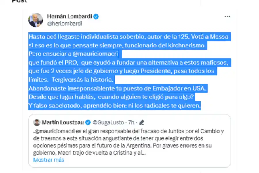 Hernán Lombardi criticó con dureza a Martín Lousteau