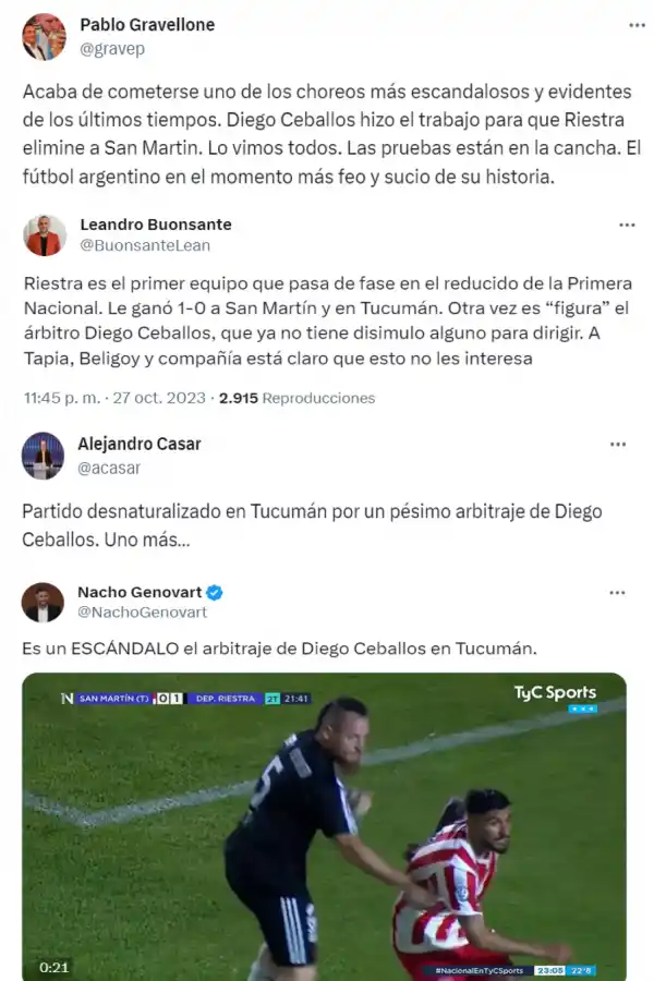 Las repercusiones nacionales del polémico arbitraje de Diego Ceballos frente a San Martín