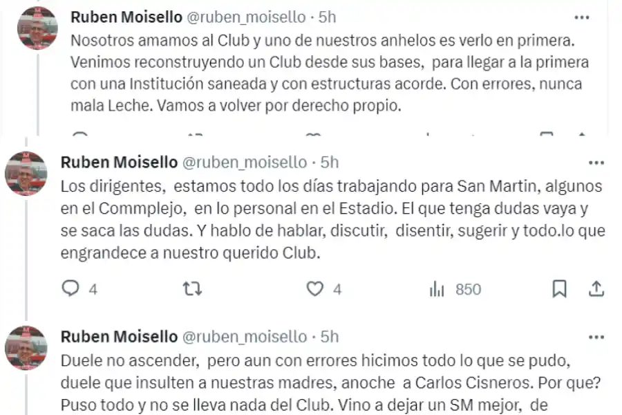 Rubén Moisello se expresó por medio de sus redes sociales luego de la eliminación de San Martín
