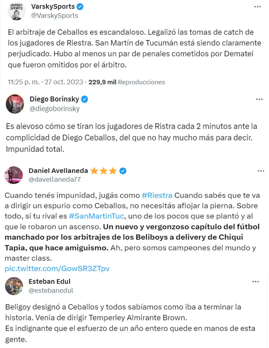 Las repercusiones nacionales del polémico arbitraje de Diego Ceballos frente a San Martín