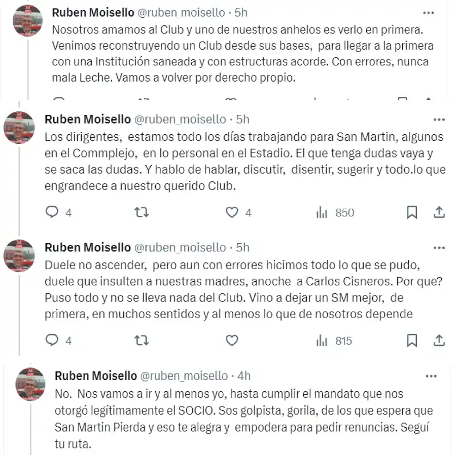 Rubén Moisello se expresó por medio de sus redes sociales luego de la eliminación de San Martín
