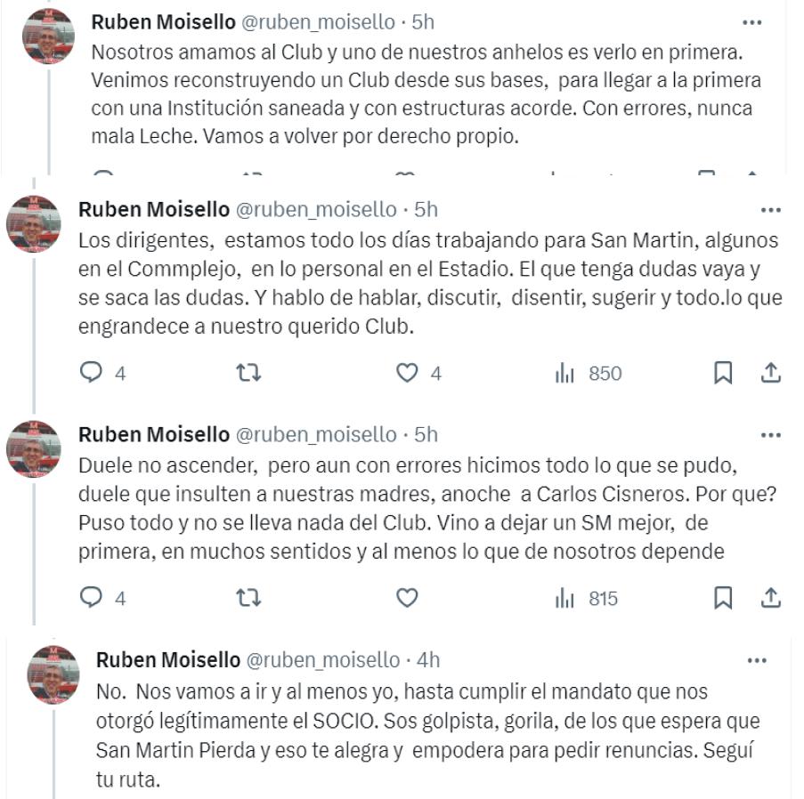 Rubén Moisello se expresó por medio de sus redes sociales luego de la eliminación de San Martín