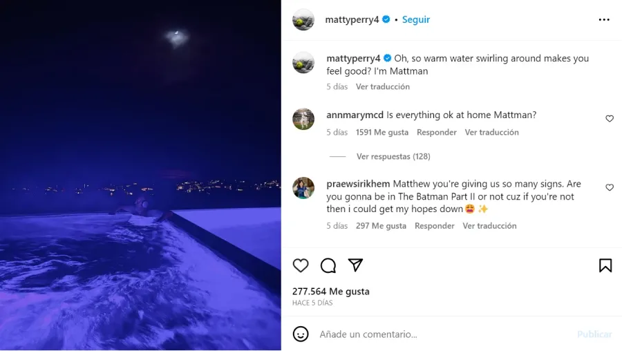 El último posteo de Matthew Perry en Instagram, hace cinco días.