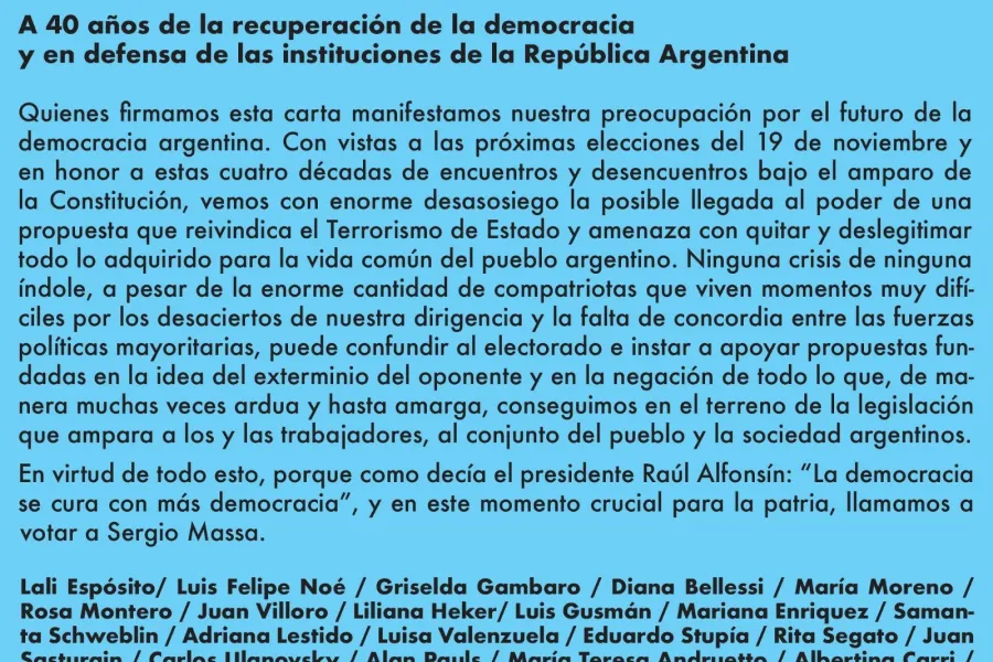 El presunto comunicado de actores que piden votar a Sergio Massa.