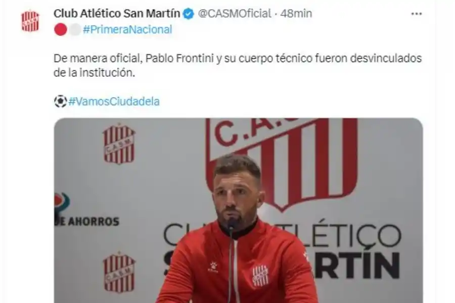 San Martín de Tucumán hizo oficial la desvinculación de Frontini