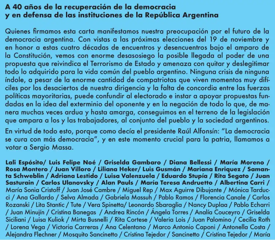 El presunto comunicado de actores que piden votar a Sergio Massa.