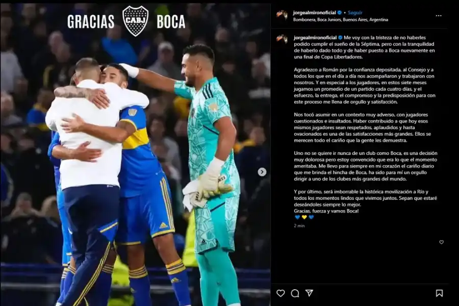 Almirón publicó un posteo de despedida para los hinchas de Boca: “Nos tocó asumir en un contexto adverso”