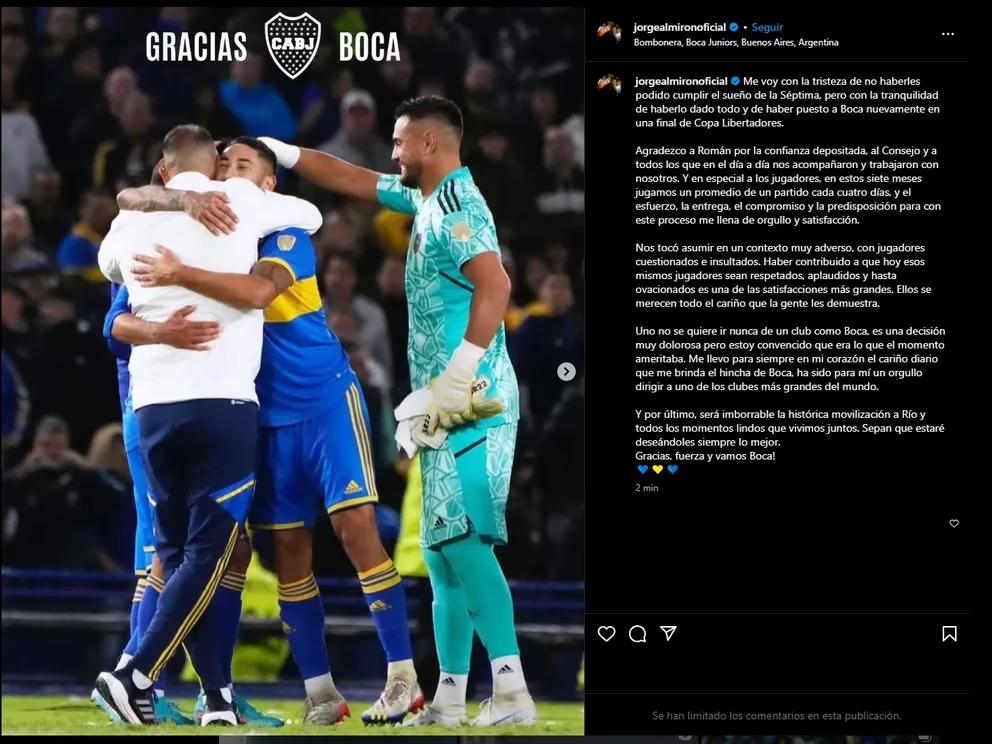 Almirón publicó un posteo de despedida para los hinchas de Boca: “Nos tocó asumir en un contexto adverso”