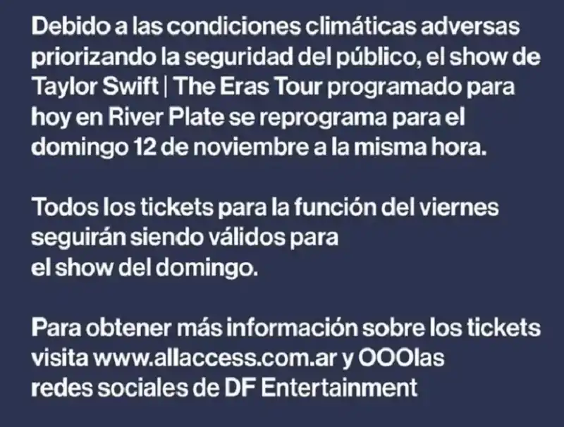 Por las fuertes lluvias, se reprogramó el segundo show de Taylor Swift en Argentina