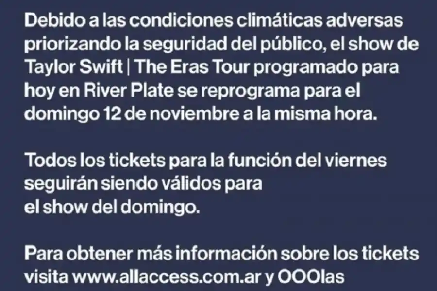 Por las fuertes lluvias, se reprogramó el segundo show de Taylor Swift en Argentina