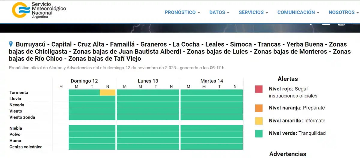 La alerta amarilla por fuertes tormentas en Tucumán.