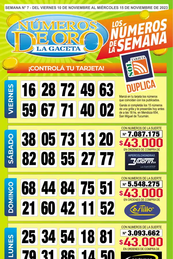 Esta es la grilla completa de los Números de Oro de LA GACETA del 15 de noviembre de 2023