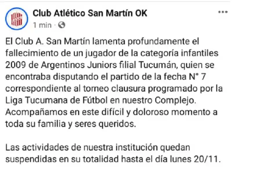 Conmoción por la muerte de un adolescente mientras se jugaba un partido de inferiores en Tucumán