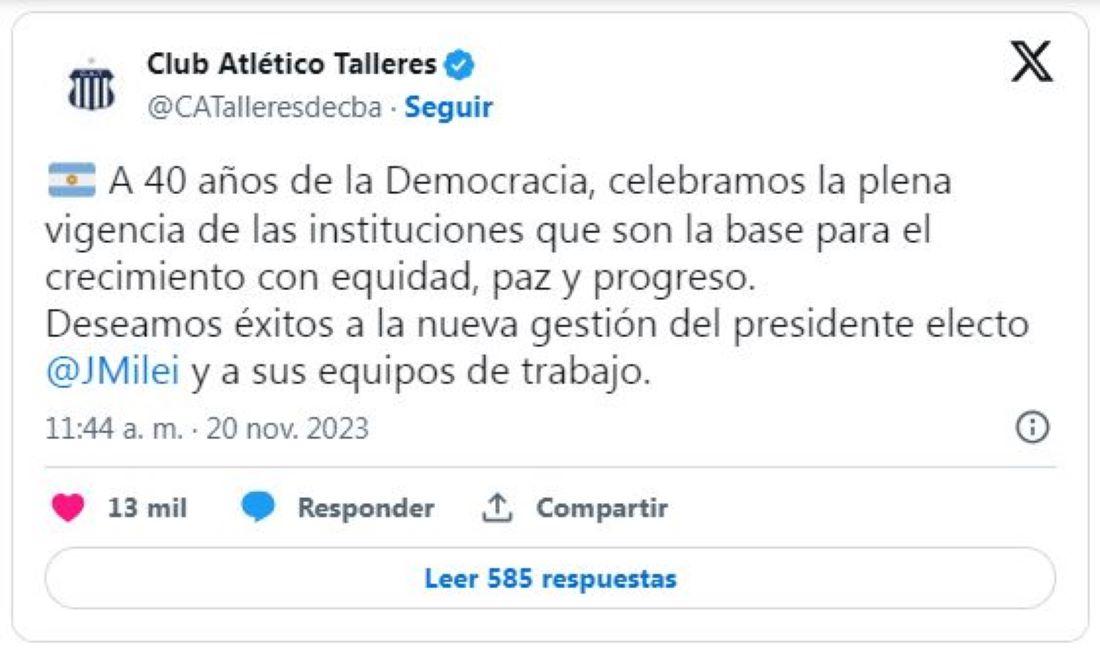 Las felicitaciones de Talleres fueron las únicas que Milei recibió desde el mundo del fútbol