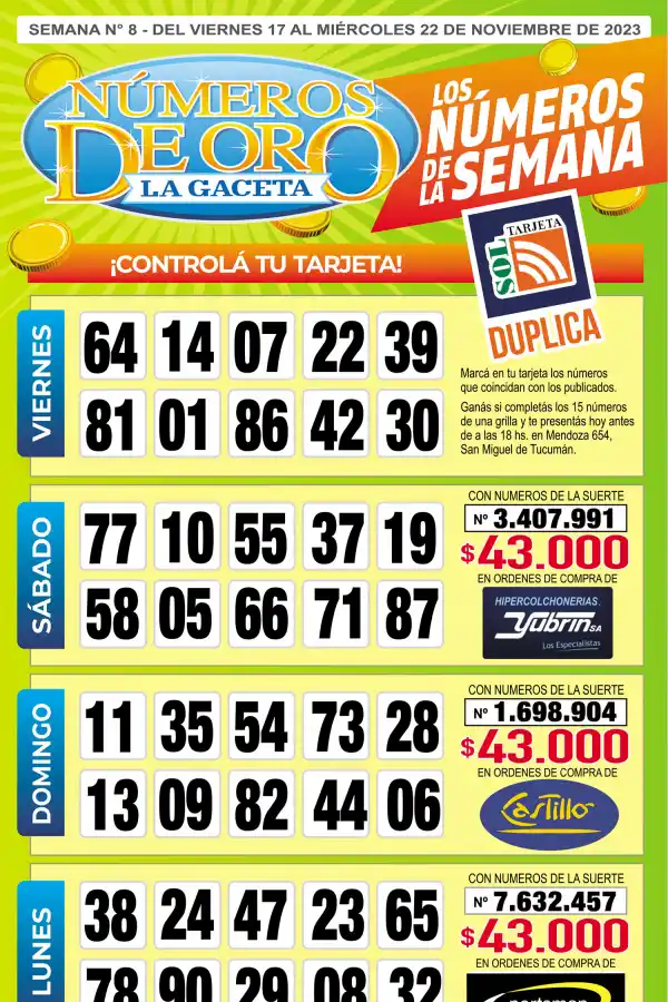 Esta es la grilla completa de los Números de Oro de LA GACETA del 22 de noviembre de 2023