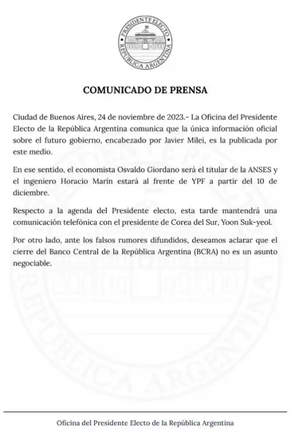 Javier Milei: El cierre del Banco Central no es un asunto negociable