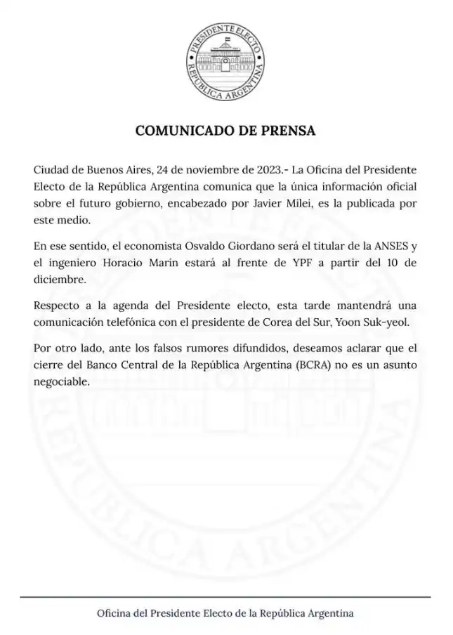 Javier Milei: El cierre del Banco Central no es un asunto negociable