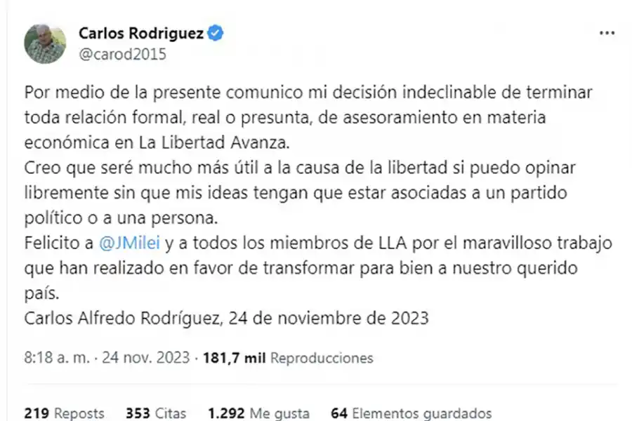 Otra renuncia en La Libertad Avanza: uno de los asesores clave de Milei anunció que se va