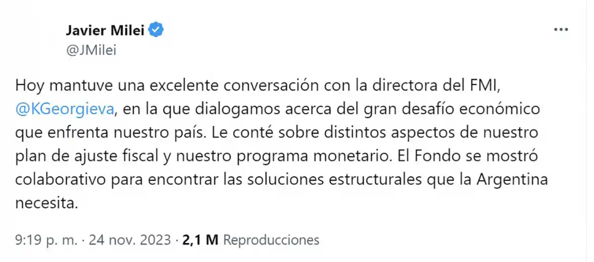Javier Milei habló con Kristalina Georgieva y dijo que el FMI se mostró colaborativo
