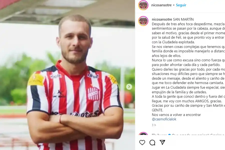 Nicolás Sansotre se despidió de los hinchas de San Martín: “Nos vamos a volver a encontrar”