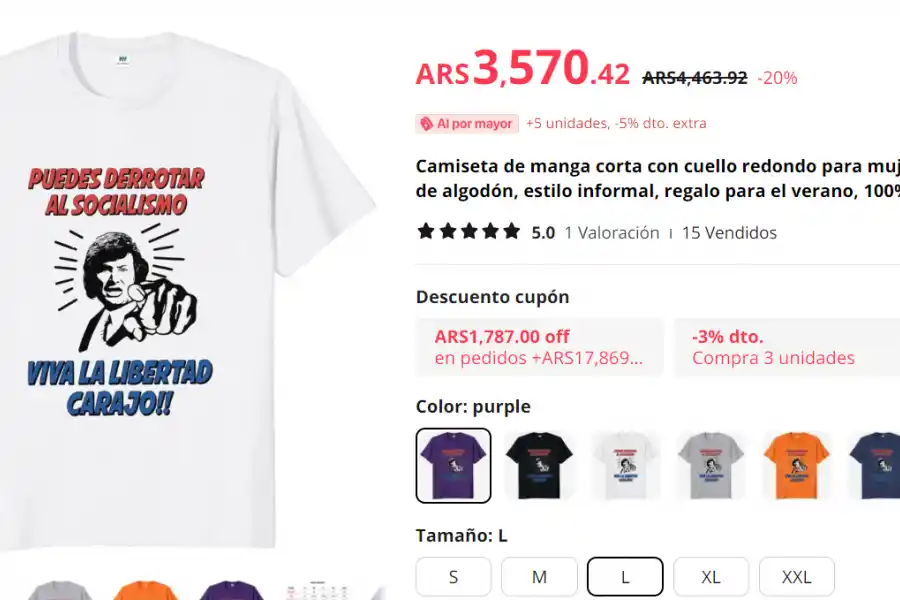 Cómo son las remeras de Milei que se venden desde China para todo el mundo