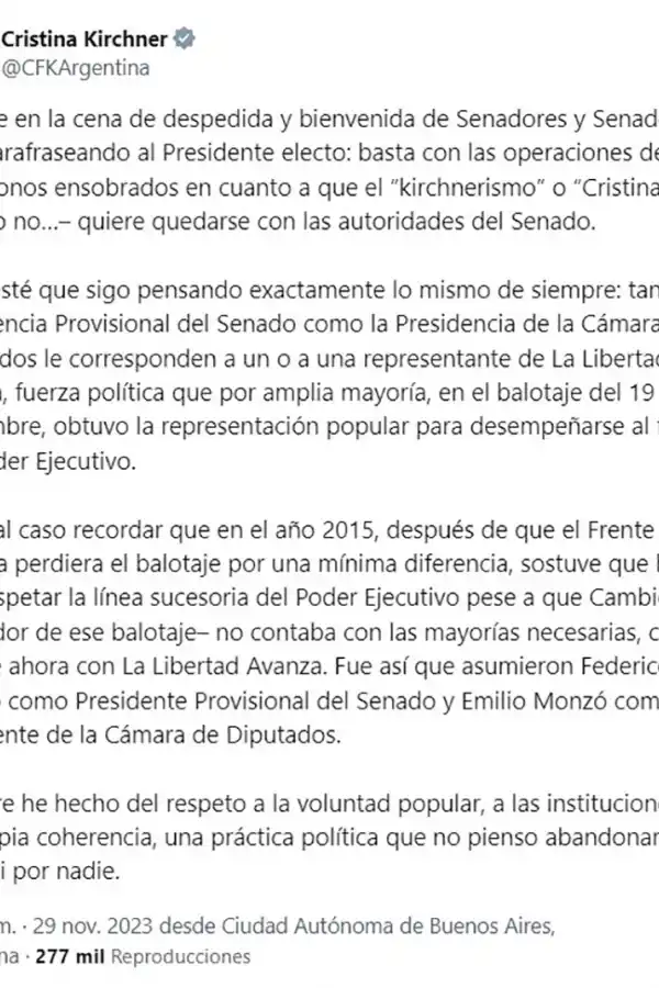 Cristina Kirchner definió que la presidencia provisional del Senado y la de Diputados corresponden a libertarios