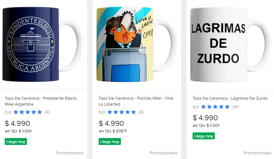 El Mercado Libre ofrecen diferentes modelos de tazas de Javier Milei