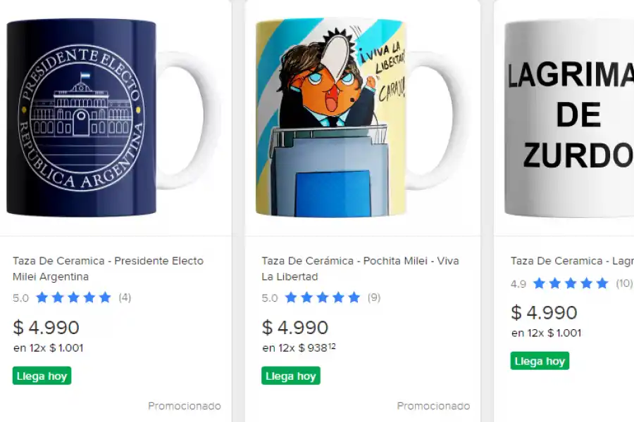El Mercado Libre ofrecen diferentes modelos de tazas de Javier Milei