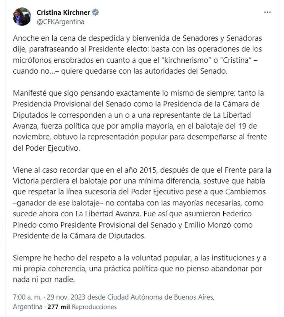 Cristina Kirchner definió que la presidencia provisional del Senado y la de Diputados corresponden a libertarios