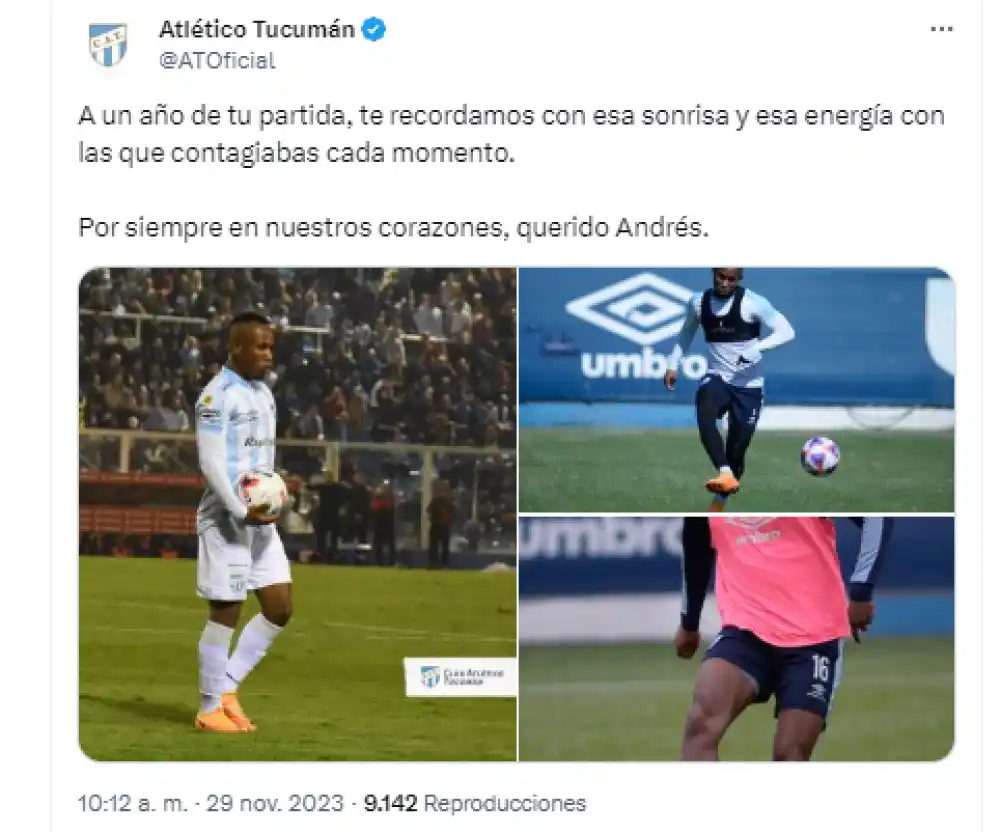 A un año de la muerte de Andrés Balanta, Atlético Tucumán realizó un emotivo posteo