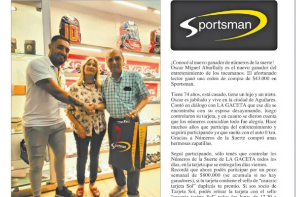 Números de la Suerte: Oscar Miguel Aburllaily ganó una orden de compra de $43.000 en Sportsman