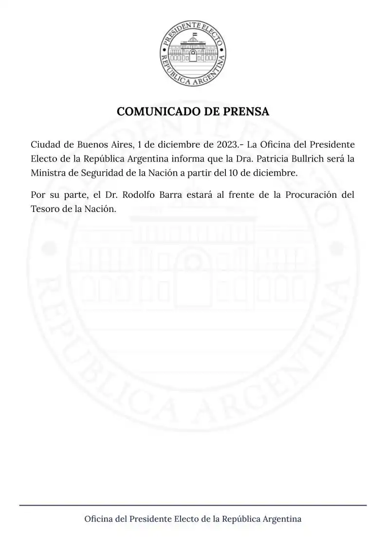 Patricia Bullrich será la ministra de Seguridad del gobierno de Javier Milei